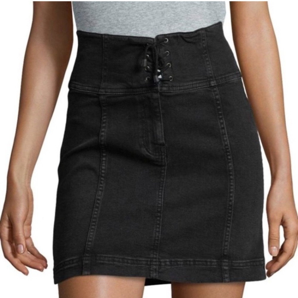 Free people lace up black denim mini skirt